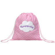Backpack με ροζ πουά ύφασμα και κεντημένο όνομα