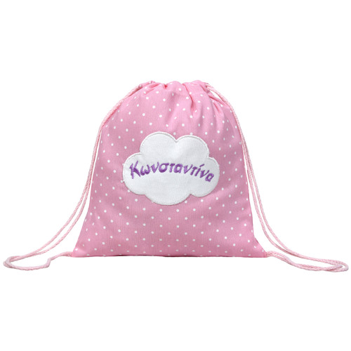 Backpack με ροζ πουά ύφασμα και κεντημένο όνομα