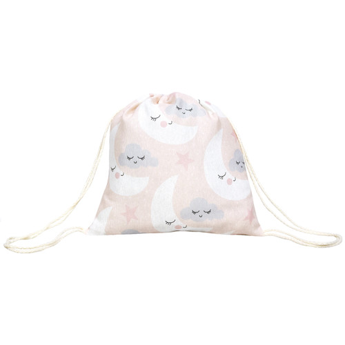Backpack από ύφασμα ροζ με φεγγαράκια και συννεφάκια