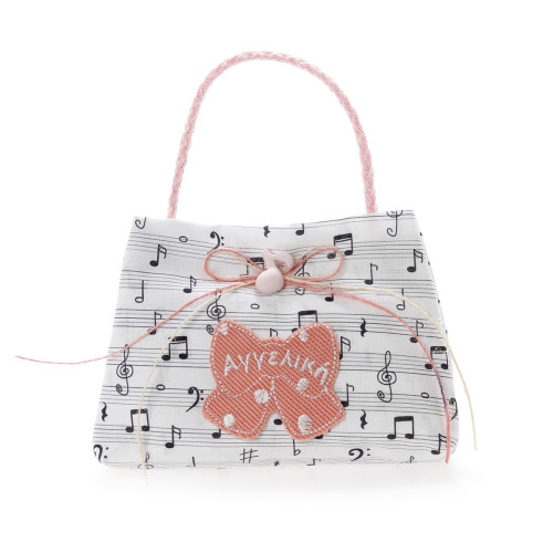 Μπομπονιέρα βάπτισης σε σχέδιο τσαντούλας με μουσικές νότες