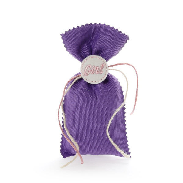 Μπομπονιέρα βάπτισης μωβ σε σχήμα πουγκί