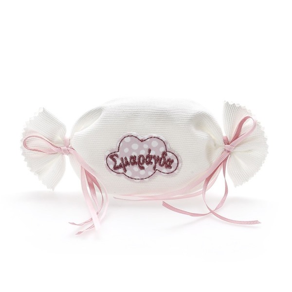 Λευκή καραμελίτσα μπομπονιέρα με κεντημένο όνομα